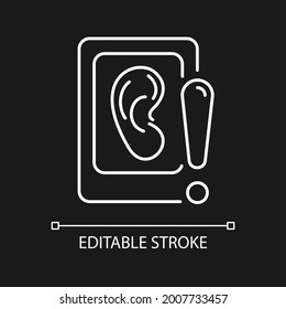 Eavesdropping On Mobile Devices White Linear Icon For Dark Theme. Spying With Smartphone Microphone. Thin Line Customizable Illustration. Isolated Vector Contour Symbol For Night Mode. Editable Stroke