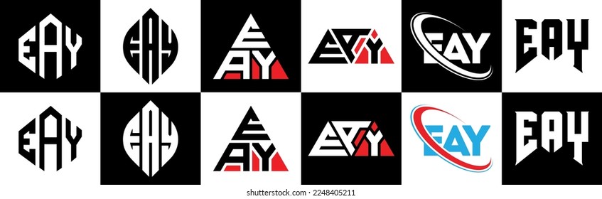 Diseño del logo de la carta EAY en seis estilos. Polígono EAY, círculo, triángulo, hexágono, de estilo plano y sencillo con el logotipo de la letra de variación en color blanco y negro en un tablero. Logotipo minimalista y clásico de EAY