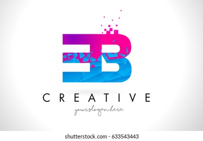 EB E B Letter Logo with Broken Shattered Blue Pink Triangles Texture Design Vector Illustration.