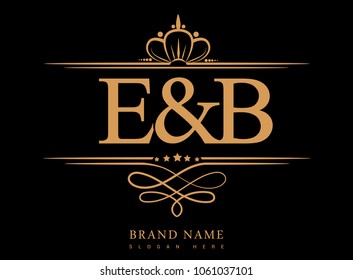 E&B Initial logo, Ampersand initial logo gold with crown and classic pattern