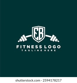 EB initial monogram for fitnes or gym logo with creative shield and barbell design