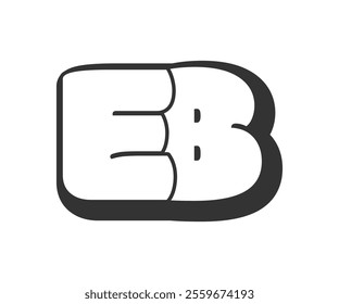 EB logo, bubble comic lettering, rounded in graffiti style black and white silhouette. Trendy preschool E and B letter text for festival party, personal initials, children funky print and web. Vector