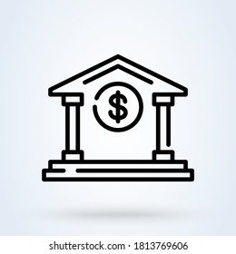 E-banking Or Bank Building Sign Line Icon Or Logo. Internet Banking Concept. Online Financial Business Operations Linear Vector Illustration.