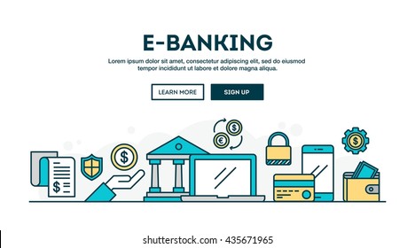 E-banking, colorful concept header, flat design thin line style, vector illustration
