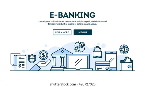 E-banking, concept header, flat design thin line style, vector illustration