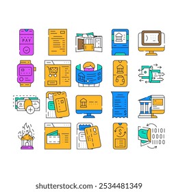 E-banking And Contactless Payment Icons Set Vector. E-banking Online Service And Paying With Mobile Phone Application And Nfc System. Bank Transaction In Smartphone Color Illustrations