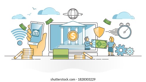 E-banking distant bank services experience finance control outline concept. Transactions, withdraw and payment in online app vector illustration. Secure and modern internet money management system.