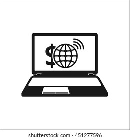 E-banking dollar wi-fi on laptop sign simple icon on background