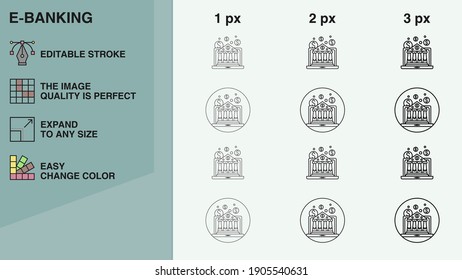 The e-banking icon is depicted in different interpretations and with different line widths - 1 px, 2 px and 3 px, arranged in three columns. On the left, the properties of the image are described.