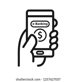 e-banking mobile application in hand. Simple line icon. Isolate on white background.