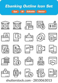 Ebanking Outline Icon Set - Online Banking and Financial Services Vector Graphics