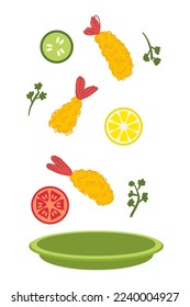 Ebi furai grilled shrimp prawn tempura fall into the plate. Perfect for tee, poster, menu and print. Vector illustration for decor and design. 



