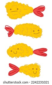 Ebi furai prawn tempura funny characters collection. Perfect for stickers, menu and print. Childish vector illustration for decor and design. 



