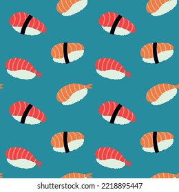 Ebi Sushi seamless pattern, vector illustration. Design for Asian restaurant food delivery packages. Japanese traditional food.