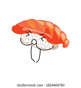 Ebi sushi with smiling face and tongue out. Sushi emoji cartoon character having fun. Traditional Asian Cuisine Food in Kawaii Style vector illustration isolated on white background