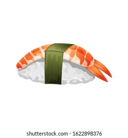 Ebi sushi vector illustration. Sushi with raw shrimp on top. Realistic sushi design isolated on white background. Design for japanese cuisine menu, advertising, restaurant poster and banner.
