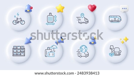 E-bike, Baggage size and Storage line icons. Buttons with 3d bell, chat speech, cursor. Pack of Delivery truck, Bus tour, Packing things icon. Luggage insurance, Delivery service pictogram. Vector