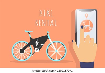E-Bike. Bike rental. Rent bike. Electric Bike. Bicycle sign for web or print. With Hand and phone. App. Orange background. Vector illustration.