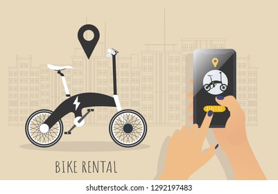E-Bike. Bike rental. Rent bike. Electric Bike. Bicycle sign for web or print. With hand and phone and App. Background with big city and geolocation icon. Vector illustration.