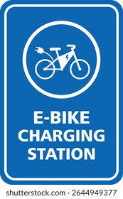 Símbolo azul da estação de carregamento de E-Bike. Sinal de ponto de carregamento da bicicleta elétrica com fundo azul