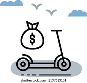 ebike with dollar bag Vector Icon Design, Green transport Symbol, eco Motorized scooty Sign, App UI Elements, Electric Scooter Finance Cost Concept  push-scooter and street vehicle stock illustration