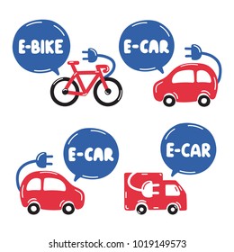 E-bike, e-car. Set of hand drawn doodles badges, icons. Flat vector illustrations on white background.