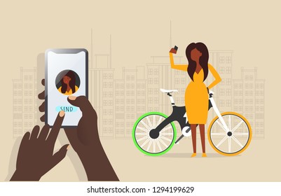 E-Bike. Electric Bike. Hand and women take selfie. Bicycle sign for web or print. Background with big city. Vector illustration.