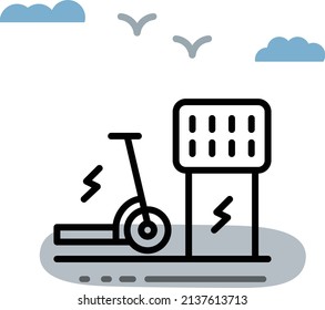 Ebike Fast Charging Point Vector Icon Design, Green Transport Symbol, Eco Motorized Scooty Sign, Electric Scooter Charging Station Concept, Push-scooter And Street Vehicle Stock Illustration