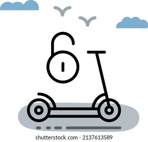 e-bike with padlock Vector Icon Design, Green transport Symbol, eco Motorized scooty Sign, Mobile ui element, Electric Scooter Unlock Concept, push-scooter and street vehicle stock illustration