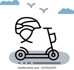 e-bike rider head wear Vector Icon Design, Green transport Symbol, Eco Motorized scooty Sign, Electric Kick Scooter with helmet Concept, push-scooter and street vehicle stock illustration