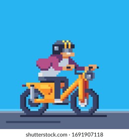 E-bike rider Man rides a moped, motorcyclist male character pixel art style, man character riding motorcycle. Concept of sport life, bikers. Design for logo, sticker, app. Isolated vector illustration