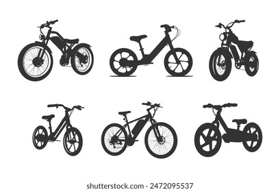 E-bike silhouettes, Electric bike silhouette, E-bike clipart, Electric bike vector set. 