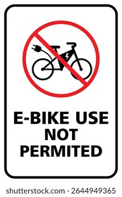 E-Bike Use Not Permitted sign. Restricted No Electric Bikes zone sign with white background