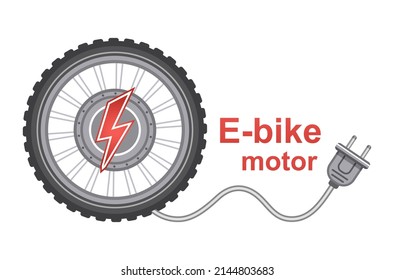 E-bike Wheel Motor Icon. Electric Bike Hub Power Engine With Plug. Electrical Accumulator Battery Charging. Electro Component Of Hybrid Bicycle. Lightning Sign. Motorized Eco Cycling Transport. Vector