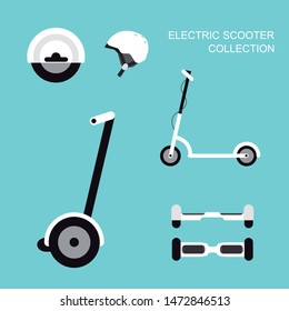 E-bikes and scooter collection in a flat style. Set of electric personal transportation. Vector illustration.