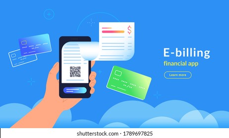 E-billing after payment by credit card via electronic wallet. Vector gradient illustration of human hand holding smartphone with electronic bill notification flying out of screen for connected card