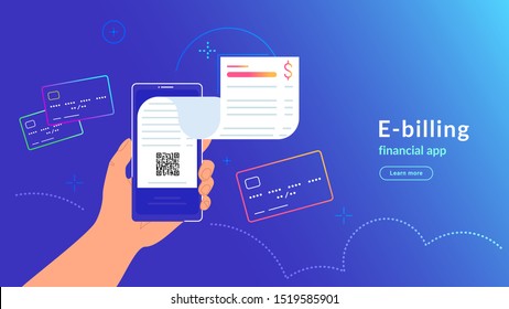 E-billing and payment by credit card via electronic wallet. Vector gradient illustration of human hand holding smartphone with electronic bill notification flying out of the screen for connected card