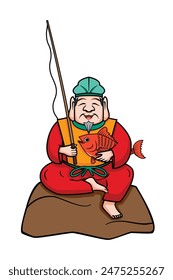 Ebisu Japanese god of lucky in Japanese seven gods with smiling fisherman symbol sitting on the rock with fishing rod and holding big red fish drawing in colorful cartoon vector