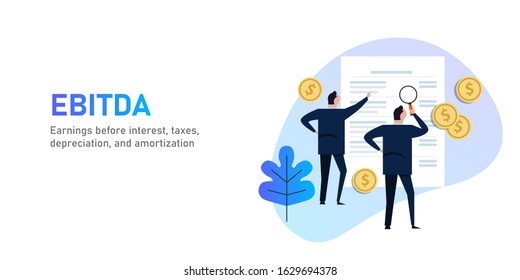 EBITDA Earnings before interest, tax, depreciation and amortization. Businessman looking at of financial statement or report