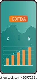 Dados financeiros EBITDA exibidos em uma tela de smartphone com um gráfico crescente