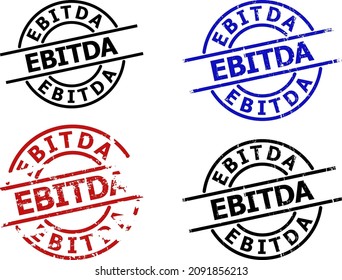 EBITDA seal versions. EBITDA title is between parallel lines inside circle frame. Rough EBITDA seal stamp versions in red, black, blue colors, with grunge texture.