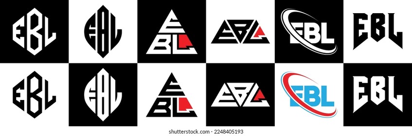 EBL letter logo design in six style. EBL polygon, circle, triangle, hexagon, flat and simple style with black and white color variation letter logo set in one artboard. EBL minimalist and classic logo