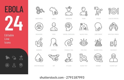 Ebola Line Editable Icons set. Vector illustration in a modern thin line style of ebola virus symptoms, diagnostic treatment, and more. Isolated on transparent background.