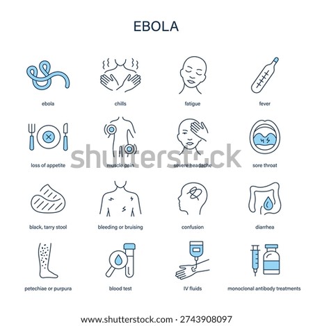 Ebola symptoms, diagnostic and treatment vector icon set