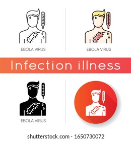 Icono del virus del ébola. Estilos de color lineal negro y RGB. Enfermedad viral peligrosa, enfermedad infecciosa mortal, enfermedad mortal. Diagnóstico médico. Persona con síntomas de EVD. Ilustraciones vectoriales aisladas