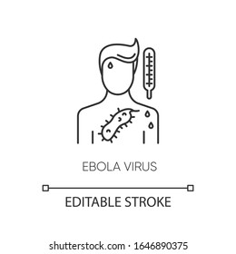 Icono lineal perfecto del píxel del virus Ébola. Ilustración personalizable en línea delgada. Peligrosa enfermedad viral, mortal enfermedad infecciosa contamina símbolo. Dibujo de contorno aislado del vector. Trazo editable
