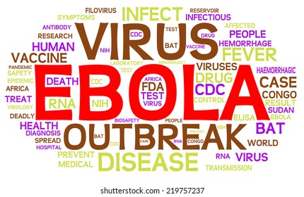 Ebola Virus word cloud. This infographic highlights important themes of the pandemic and deadly virus from origins in Africa to RNA diagnosis and the search for a vaccine or drug cure.  VECTOR.