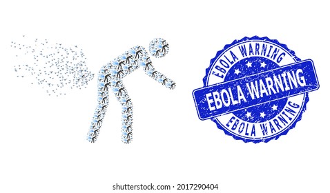 Ebola Warning dirty round watermark and vector recursive collage farting person. Blue stamp has Ebola Warning tag inside round shape. Vector mosaic is done from recursive farting person pictograms.