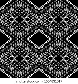 Ebony American Ikat Graphic Vector Seamless Pattern. Ornament Ethnic Design. White Geometric Navajo Pattern. Bohemian Art Smoke Print. Mud Mexico Zigzag Illustration.