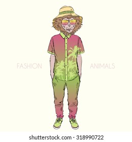 Ebony Langur monkey dressed up in hawaiian holidays style, hipster animal, furry art illustration